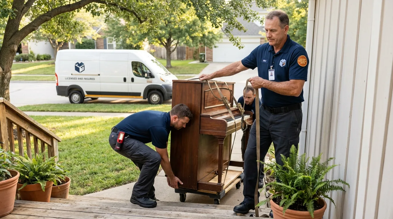 Licensed piano movers securing grand piano in Willamina, OR