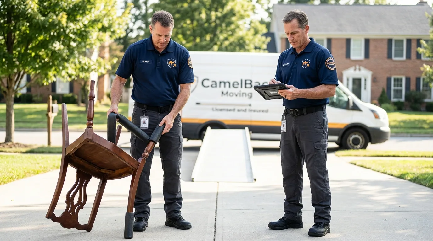 Movers inspecting furniture for damage prevention before loading in Willamina, OR